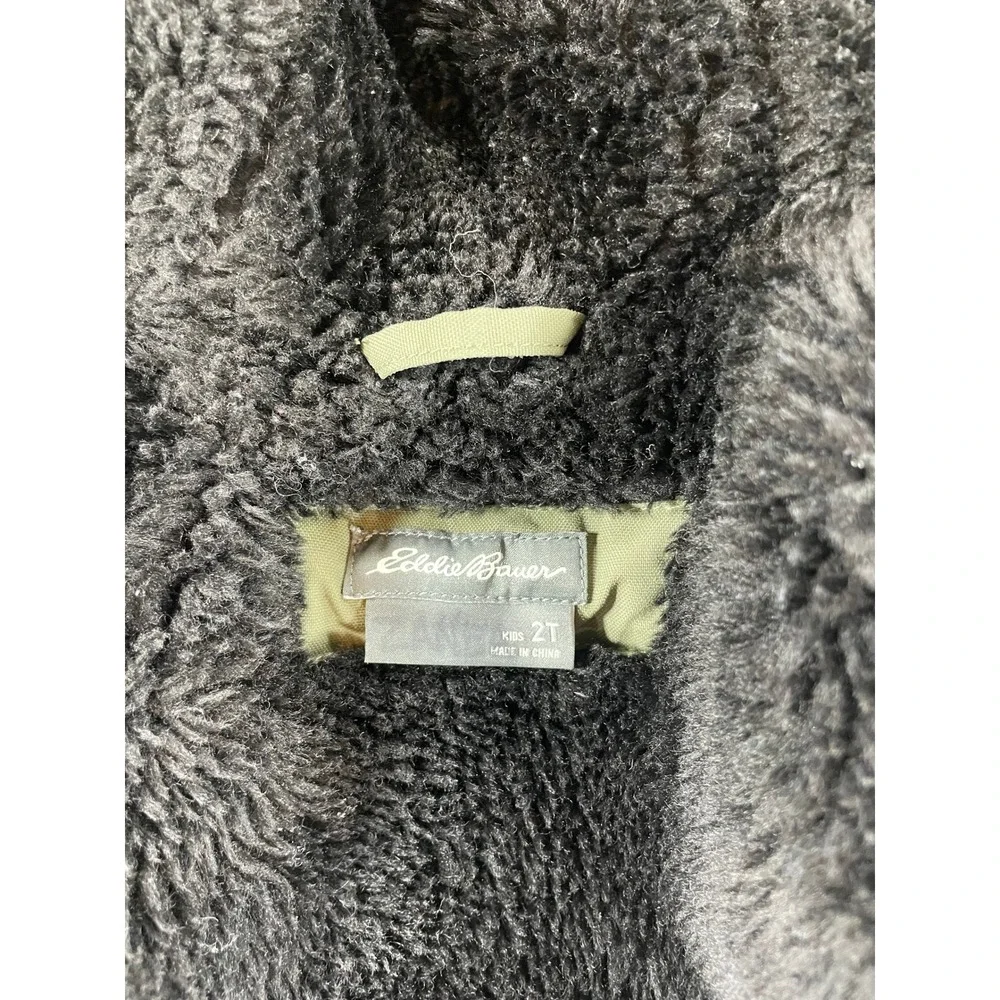 Eddie Bauer Down Parka Boys Faux Fur Hood Olive Green Size 2T With Gloves